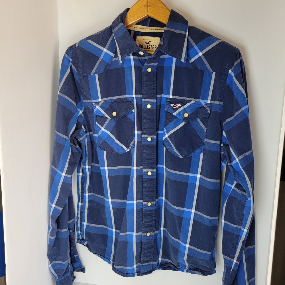 Hollister Mens Blue Plaid Long Sleeve Western Snap Front Shirt Large L